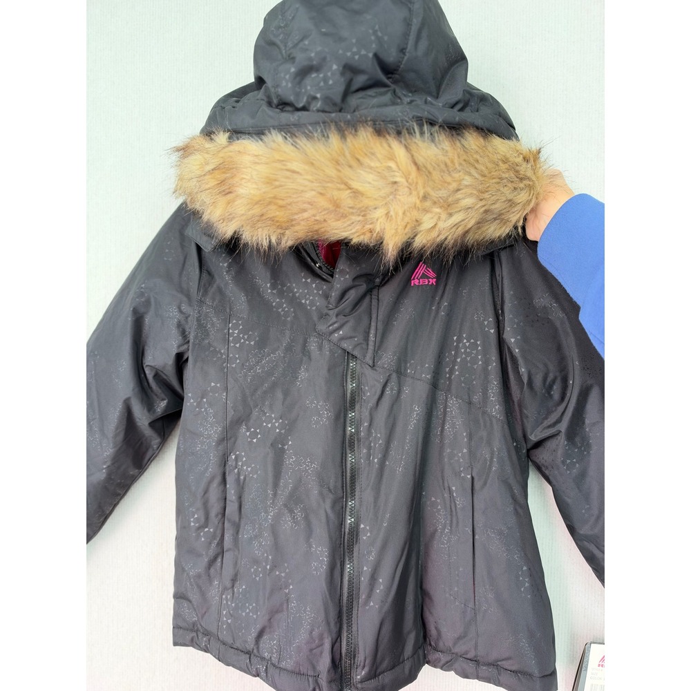 RBX Girls Black Puffer Jacket Faux Fur Hood Pink Fleece Lined Winter Coat NWT